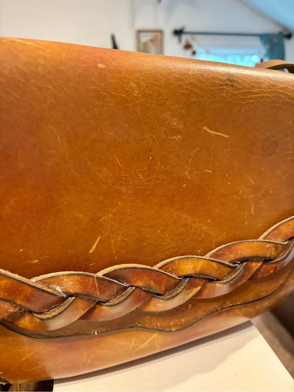 Vintage Brown Leather Braided Crossbody Bag
